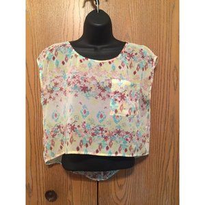 Decree Blouse Womens Size S Sleeveless Yellow Floral Multi Sheer Top Longer Back